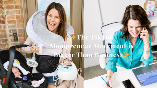 Image 1 shows a mom carrying a pillow, car seat, pump, etc. Image 2 shows a mom busy at an office job