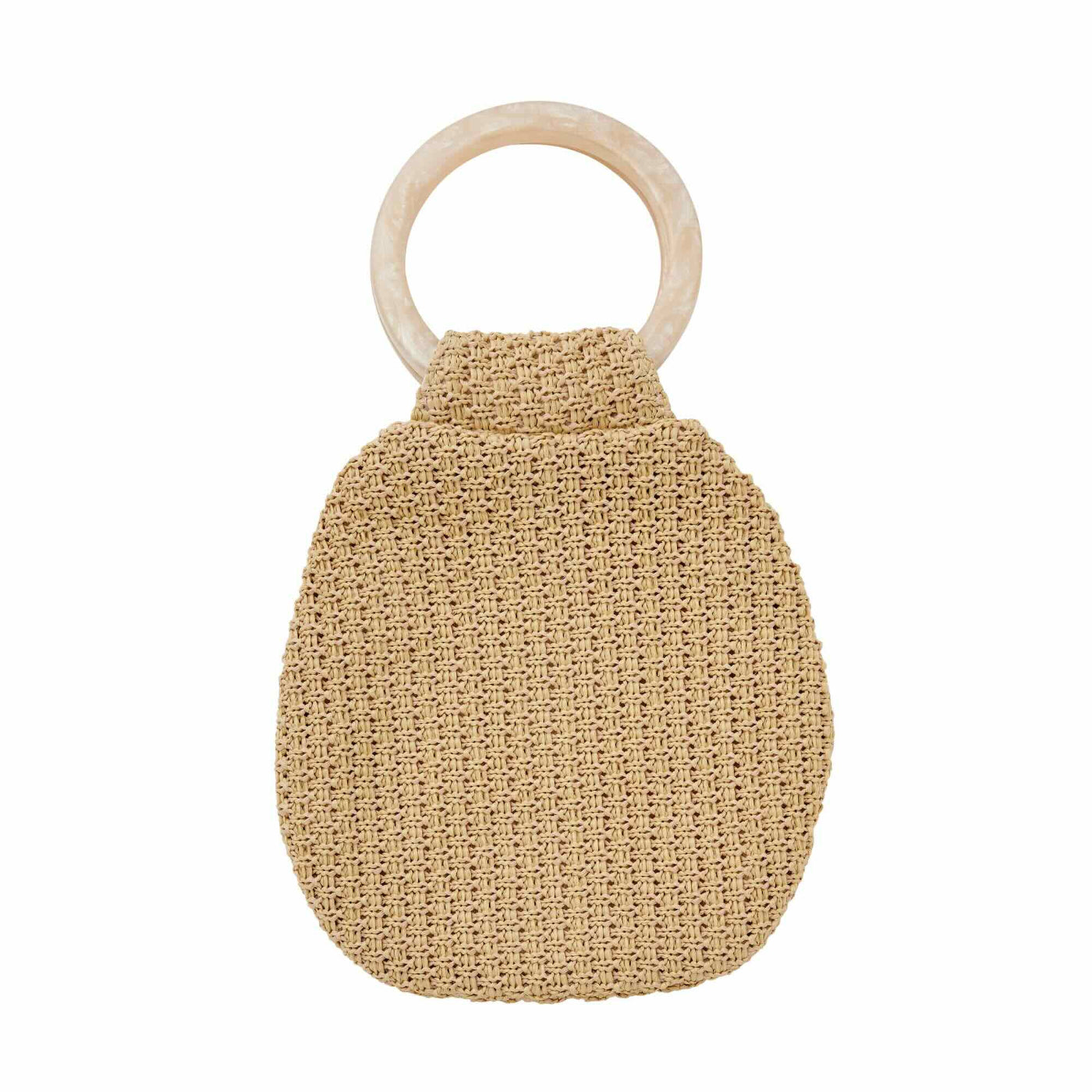 Beige woven baby rattle with wooden ring on a white background