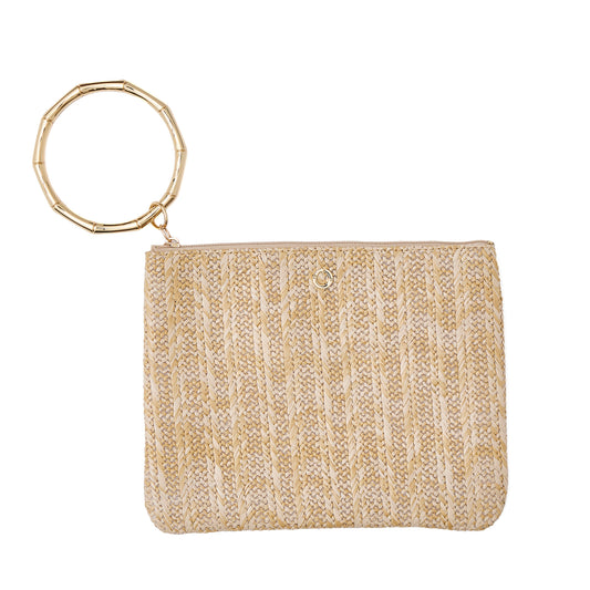 On The Beach Raffia Bracelet Pouch  with gold bamboo bracelet attached.