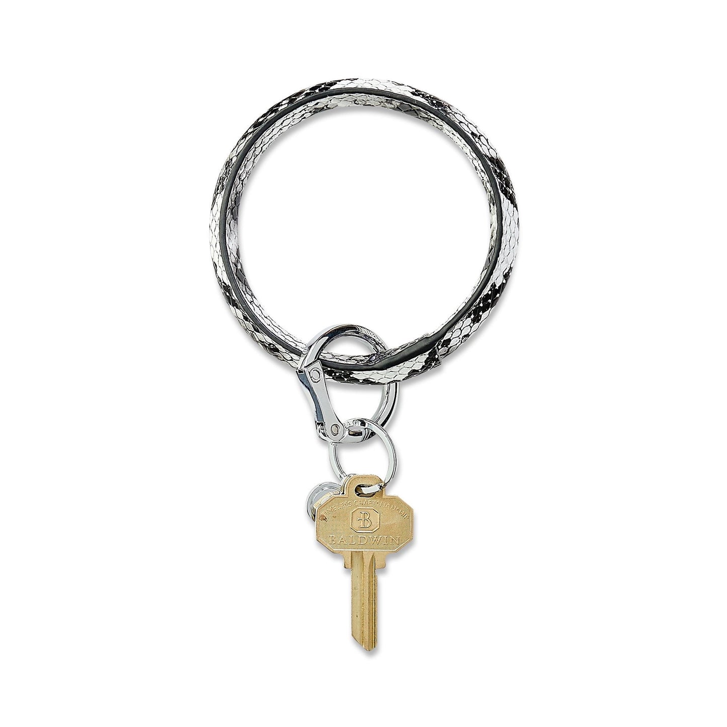 Black and white embossed snakeskin print leather Big O Key Ring with silver locking clasp
