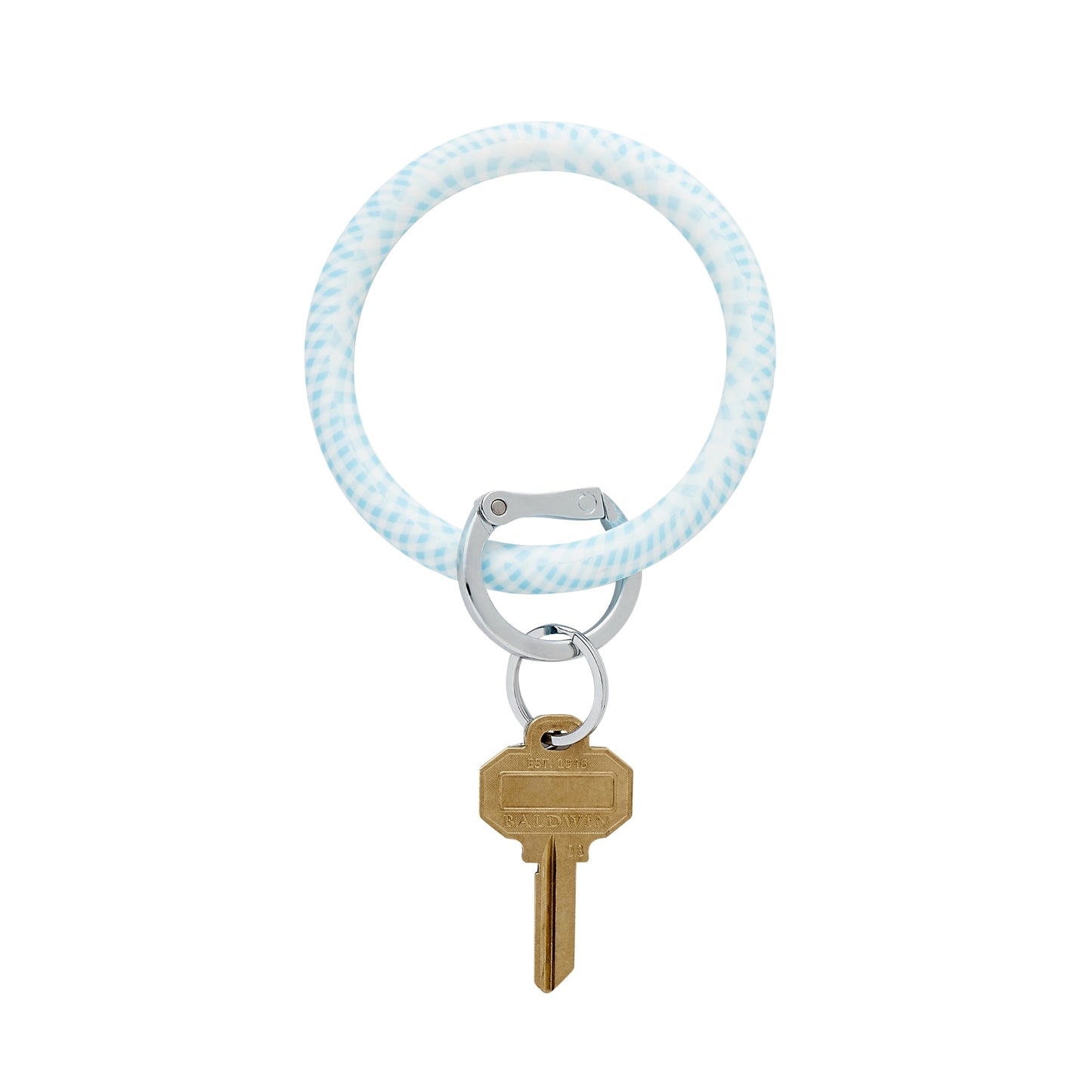 Back view of the Oventure Gingham Carolina Blue Original Silicone Big O Key Ring featuring a light blue and white gingham print and silver-tone hardware.