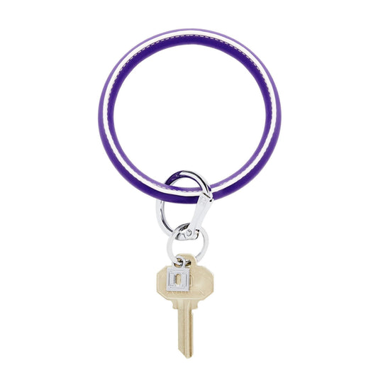 Deep Purple Leather Big O Key Ring by Oventure.  This leather key ring is shown in purple with white trim and a silver keychain.