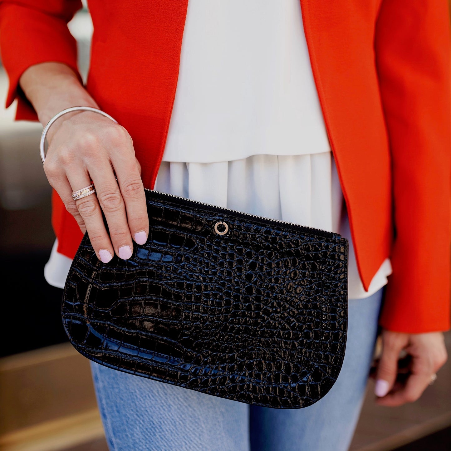 Black Croc-Embossed Leather Bracelet Bag with silver accents