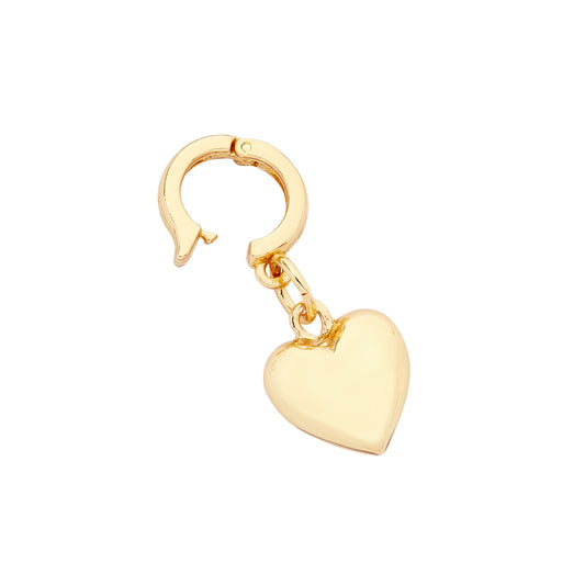 A gold-colored heart-shaped charm with a secure huggie closure, displayed against a white background.