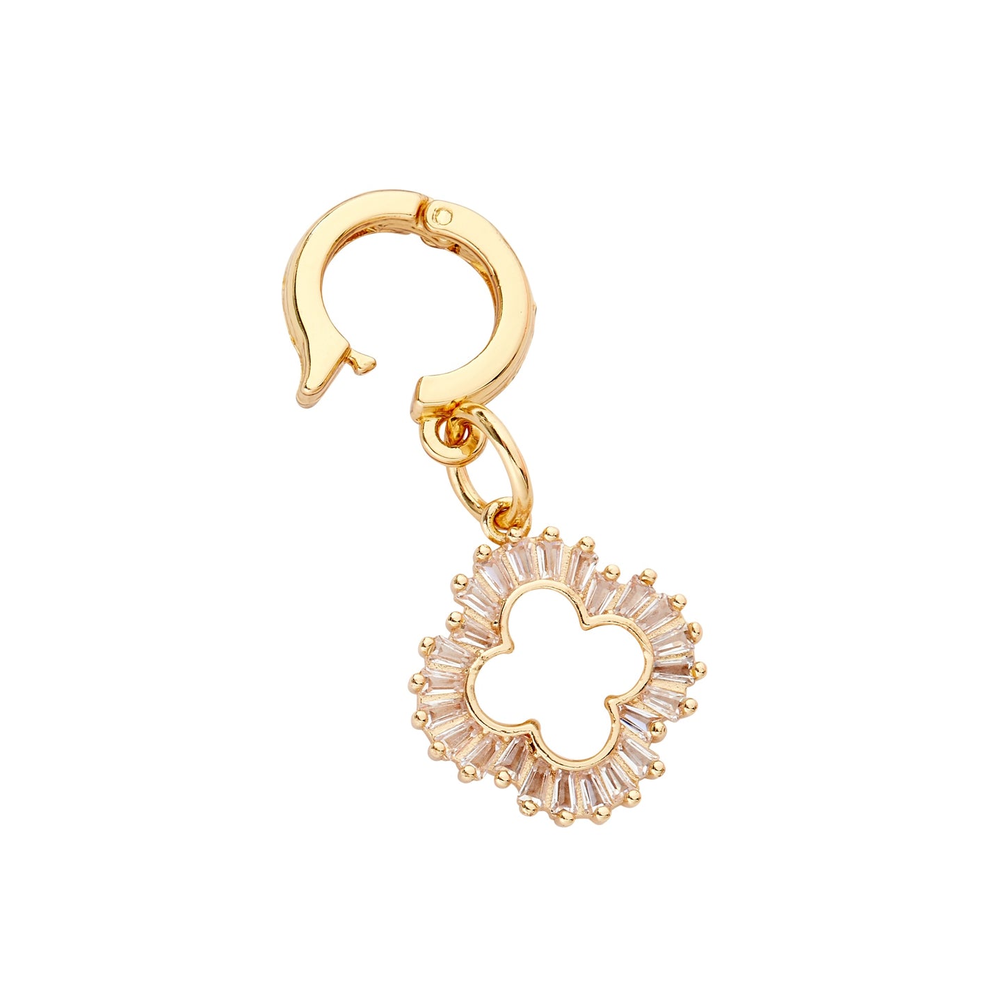 A gold-colored huggie-style charm with a mother of pearl design insert, isolated on a white background.