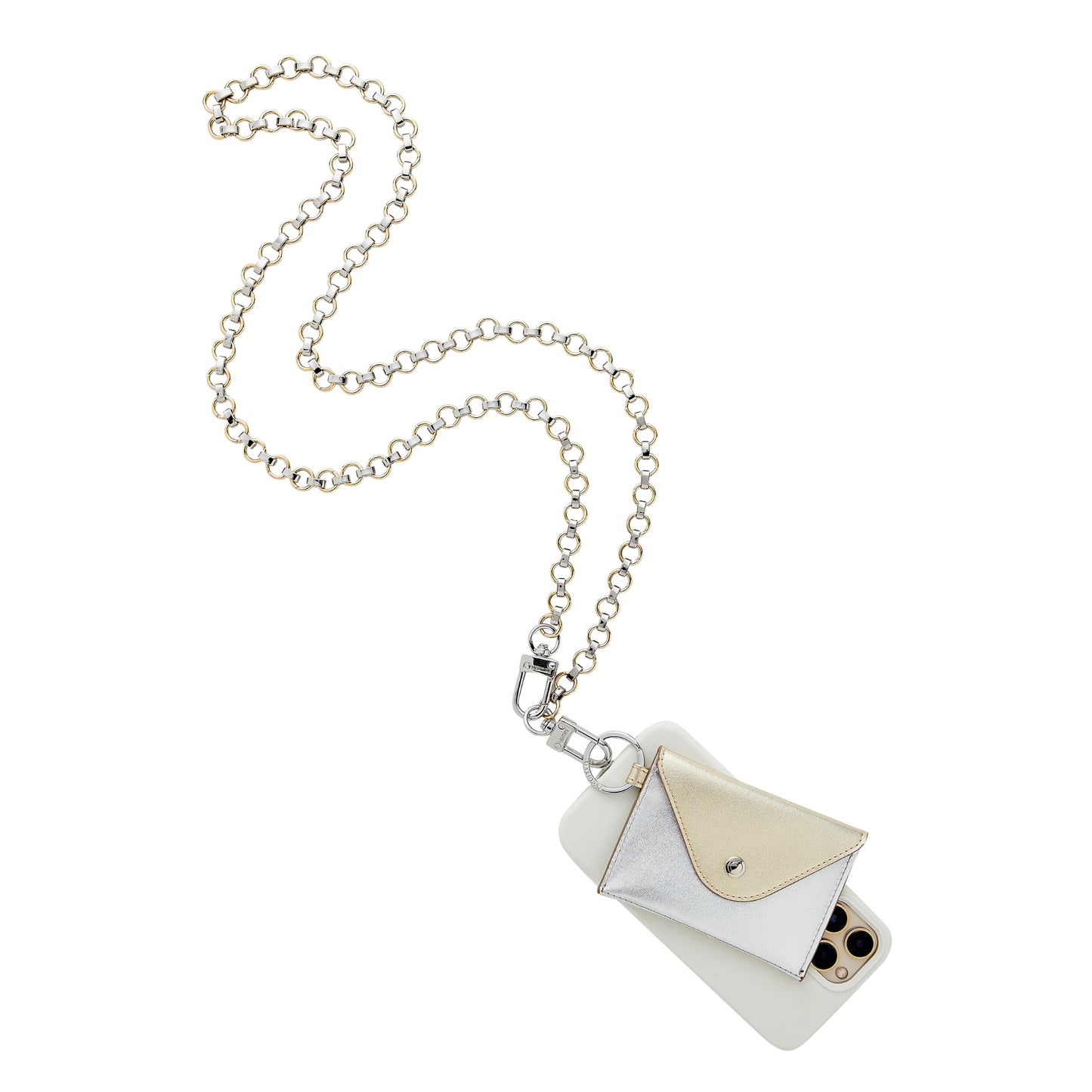 Stylish leather keychain wallet in mini envelope design. Shown here attached to crossbody phone strap in mixed metal.