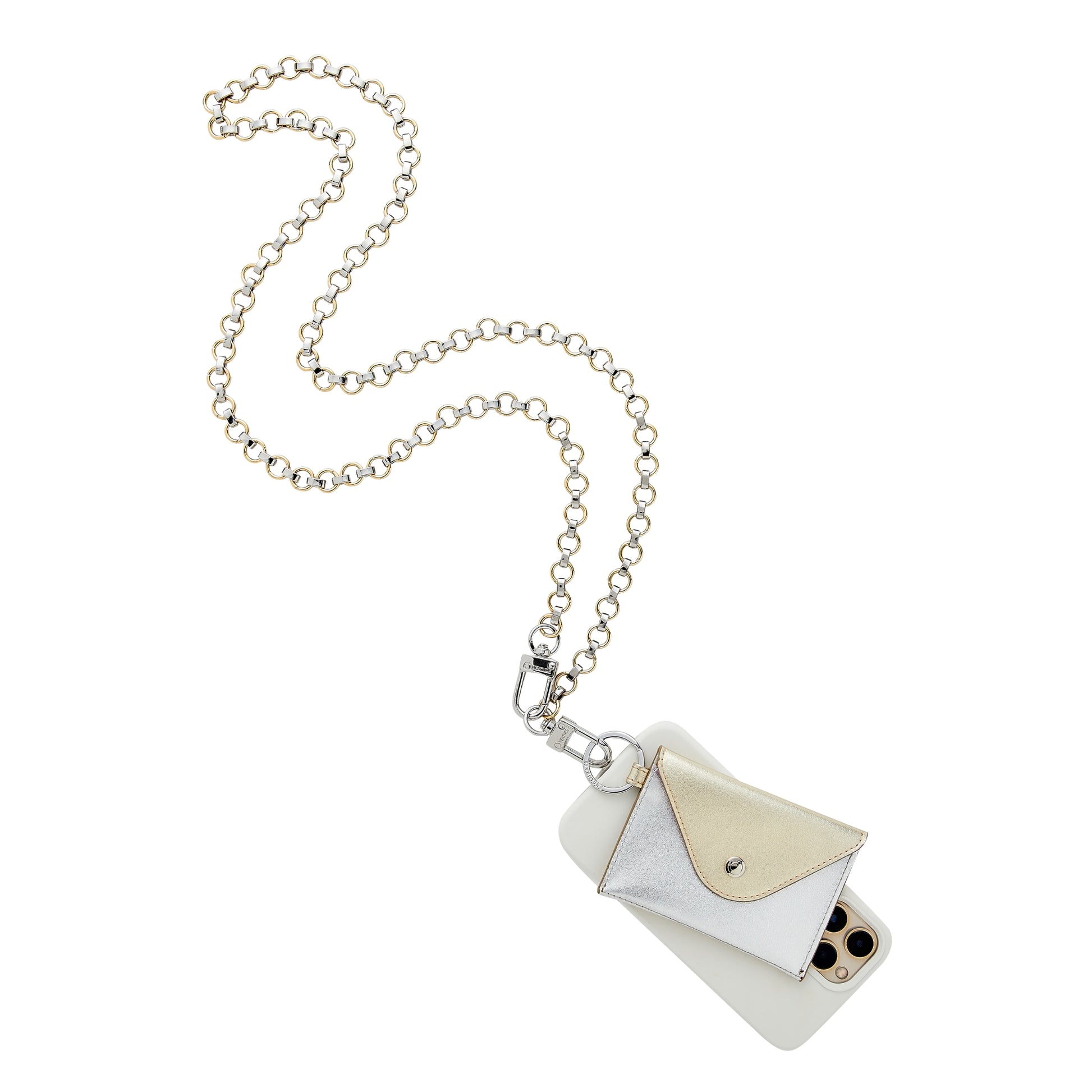 Stylish leather keychain wallet in mini envelope design.  Shown here attached to crossbody phone strap in mixed metal.
