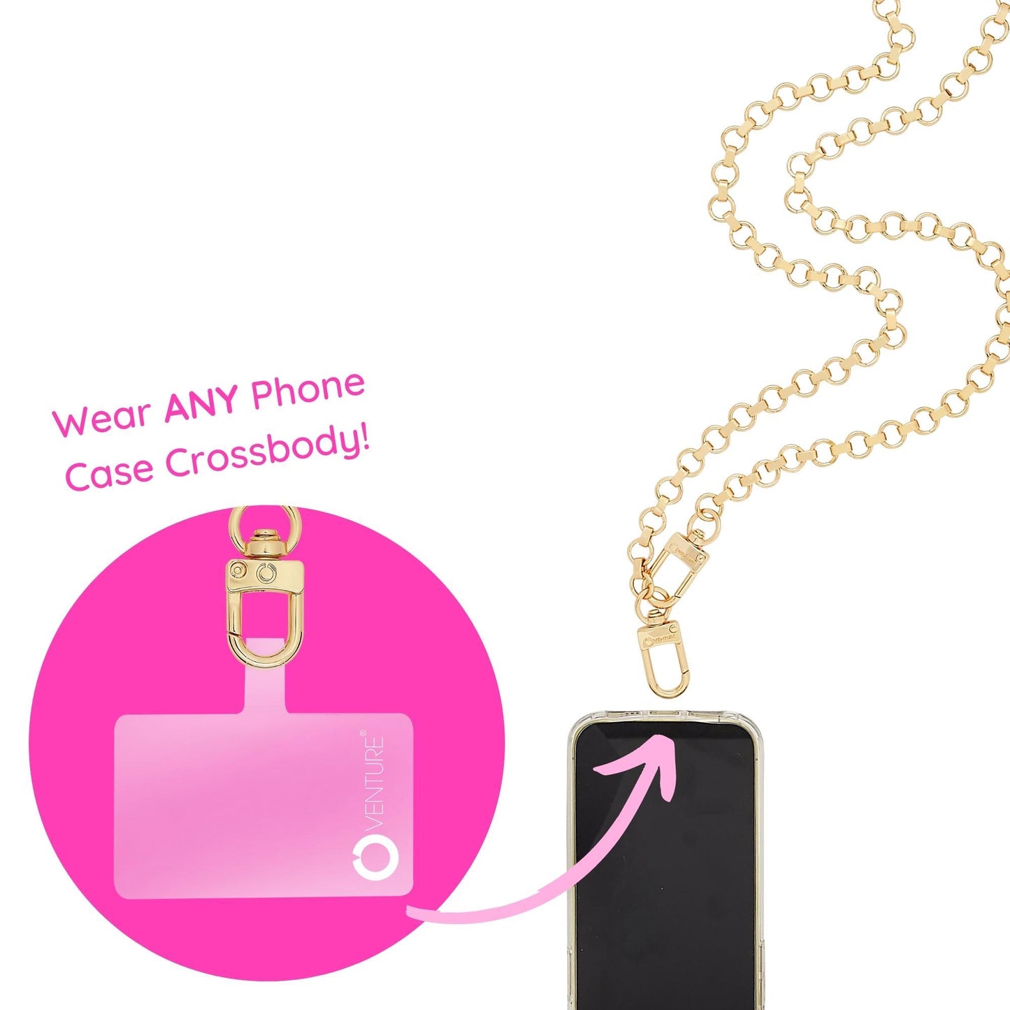 A stylish silver phone crossbody chain accessory.