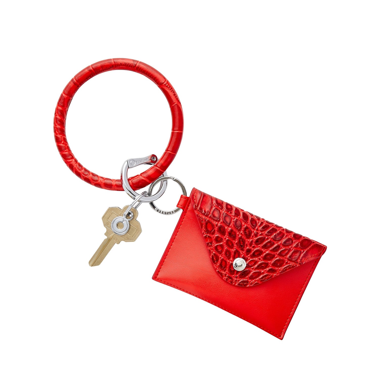 Stylish leather keychain wallet in mini envelope design. Shown with matching bracelet keyring in red leather.