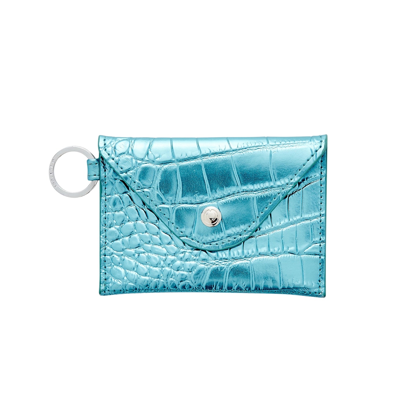 Metallic light blue croc embossed mini envelope with silver hardware