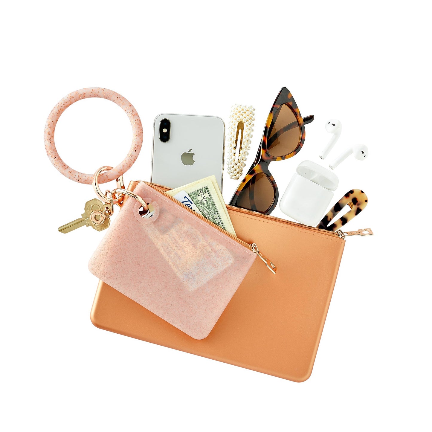 Oventure Rose Gold Confetti Silicone Original Big O Keyring bracelet keychain styled with a matching pouch, phone, AirPods, sunglasses, and everyday essentials