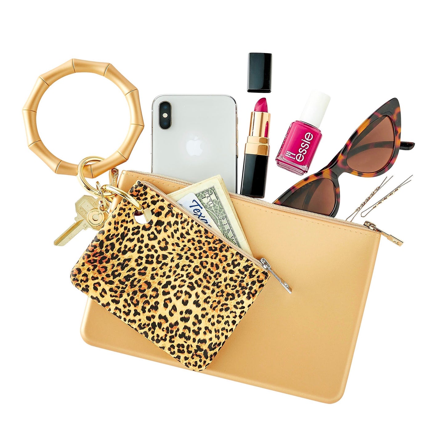 Gold silicone large pouch. Shown with mini pouch and Bamboo bracelet Key Ring.