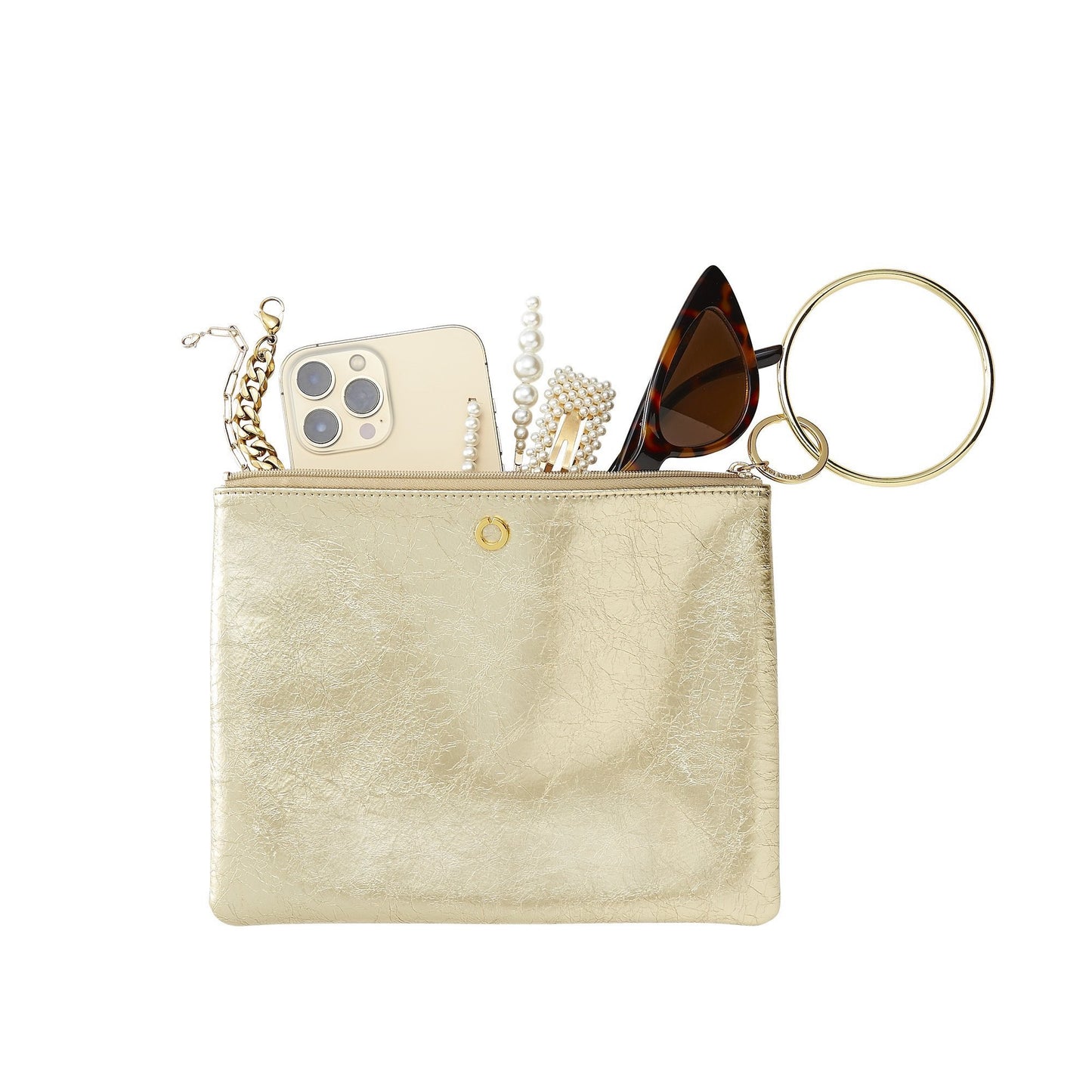 Gold leather clutch bracelet bag for hands-free style.