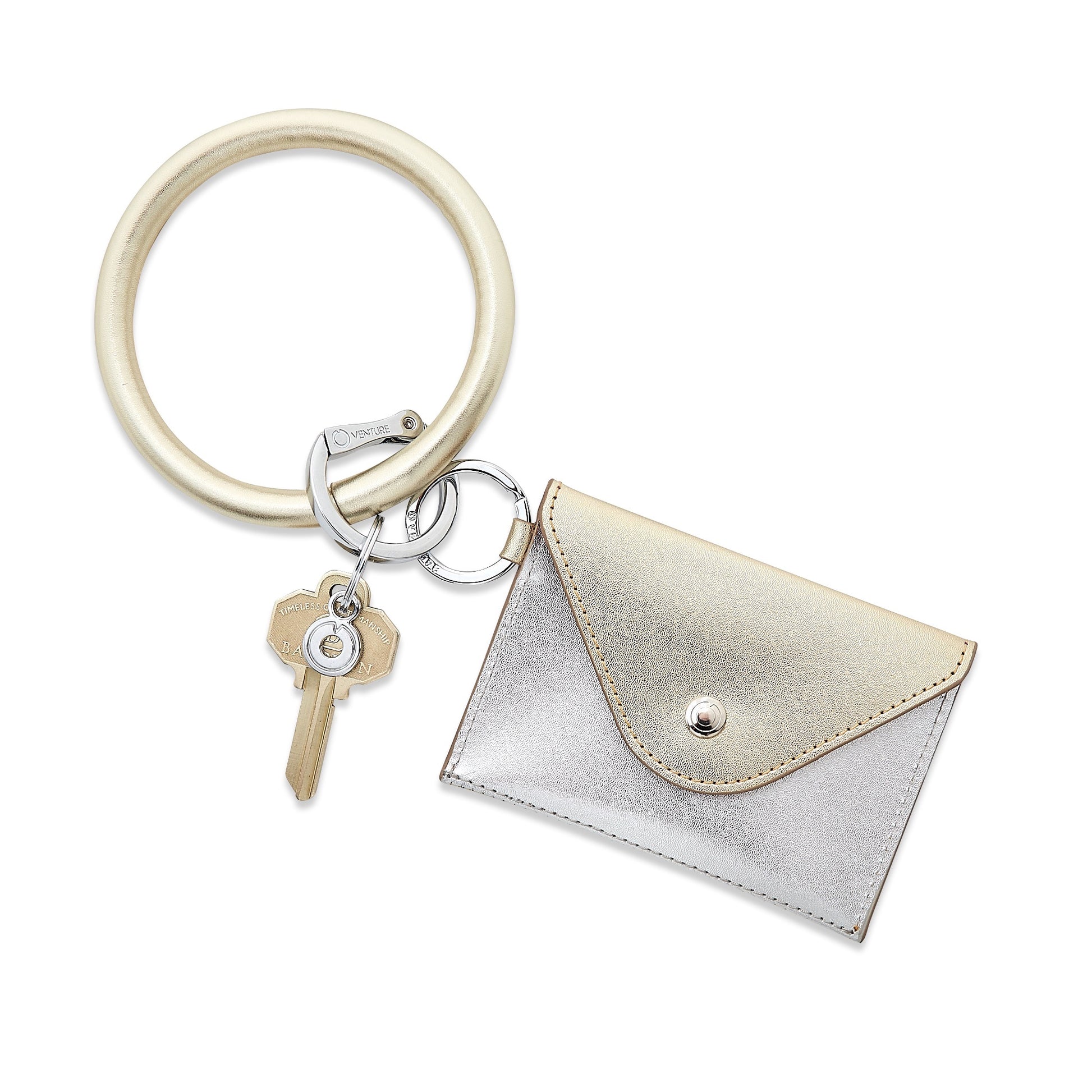 Leather mini envelope with gold flap and back with silver front with silver hardware. Shown on Gold Big O Key Ring