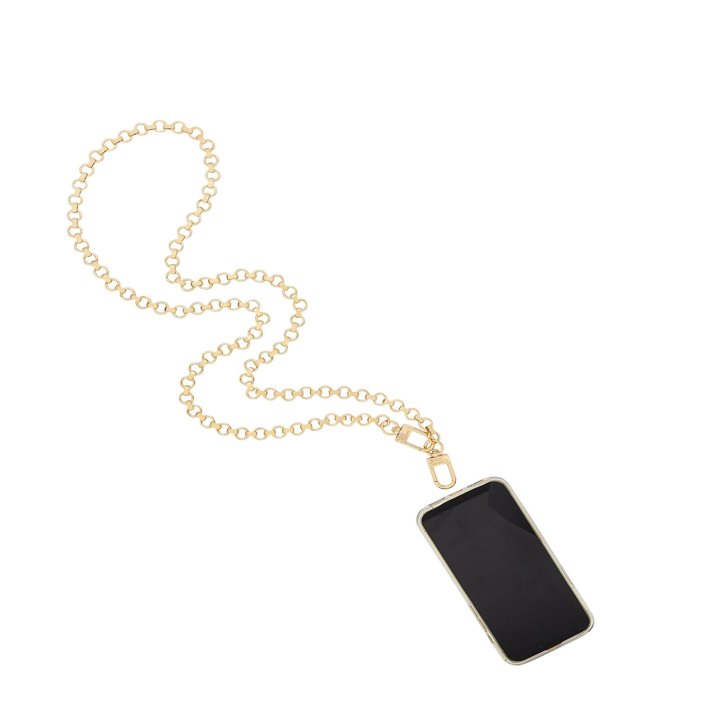 A stylish gold phone crossbody chain accessory.