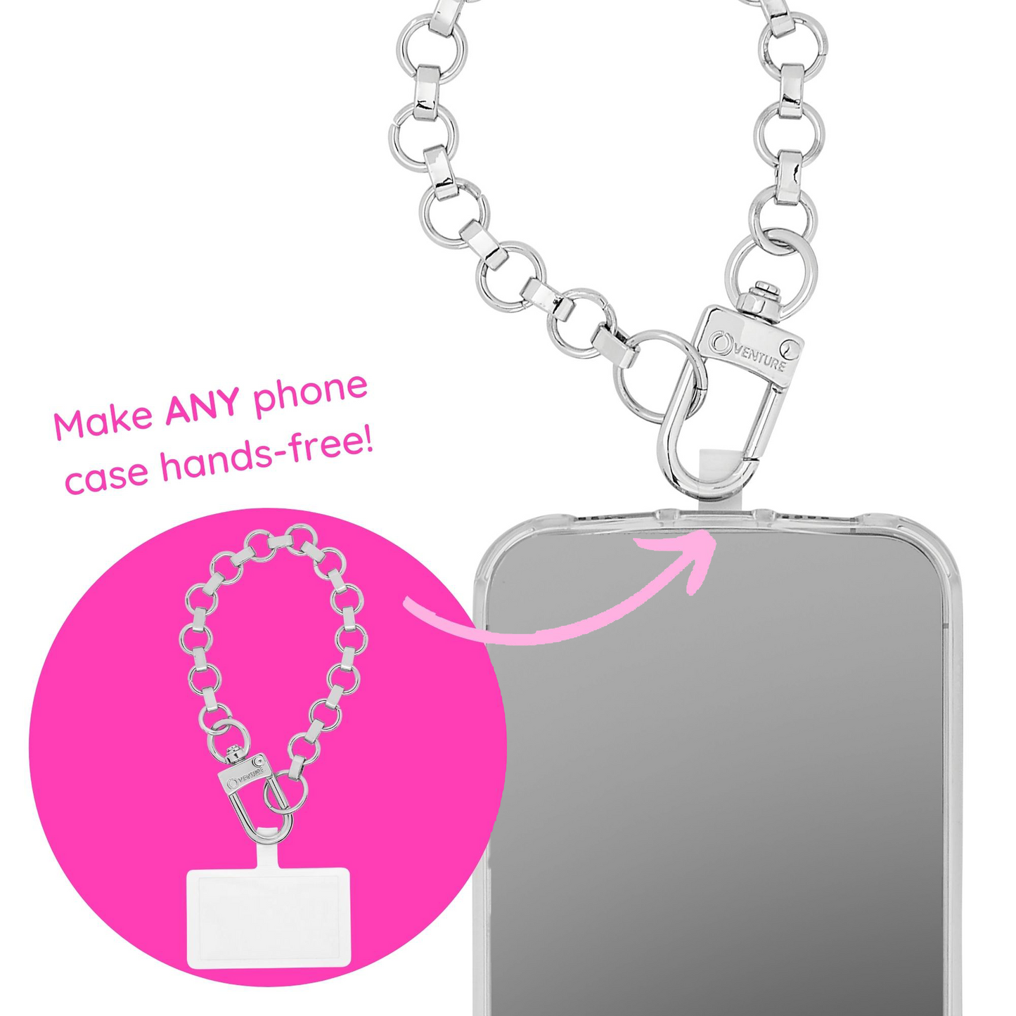 Silver chain phone charm for handsfree carrying.
