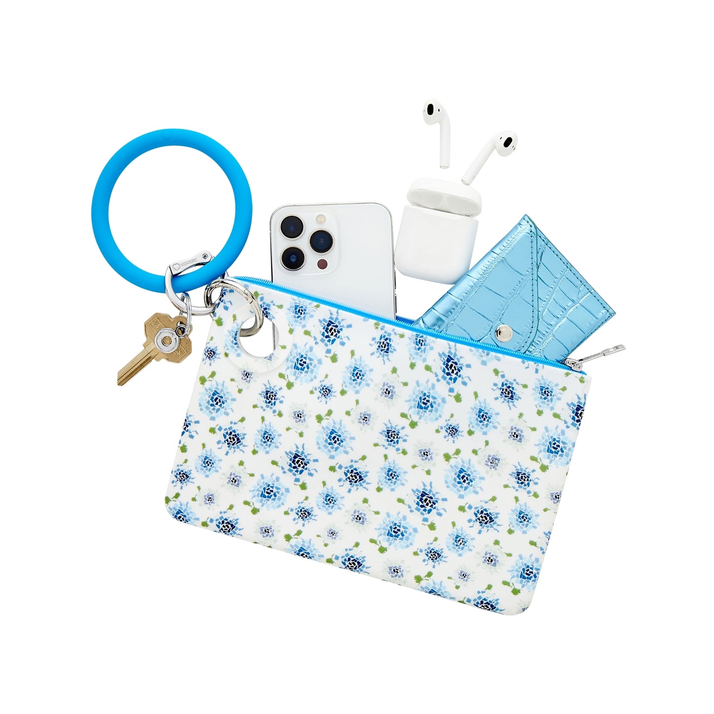 The large pouch has a unique print of hydrangeas. The hydrangeas are made up of the fifty states shapes in an array of blue colors. It is attached to the peacock silicone bracelet key ring.