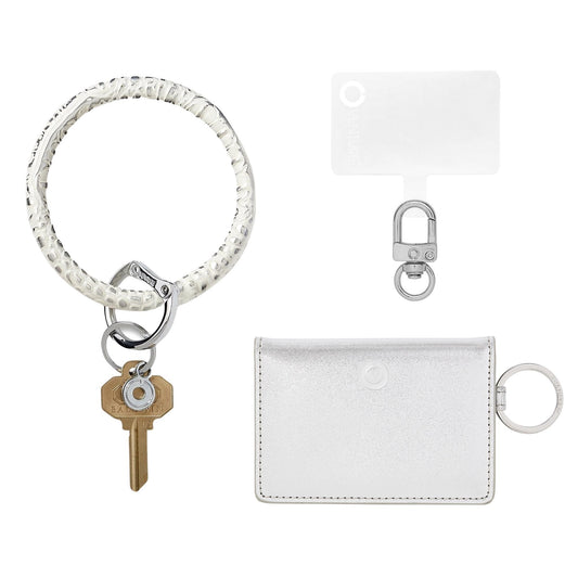 Silver wallet wristlet with phone holder and ID case.