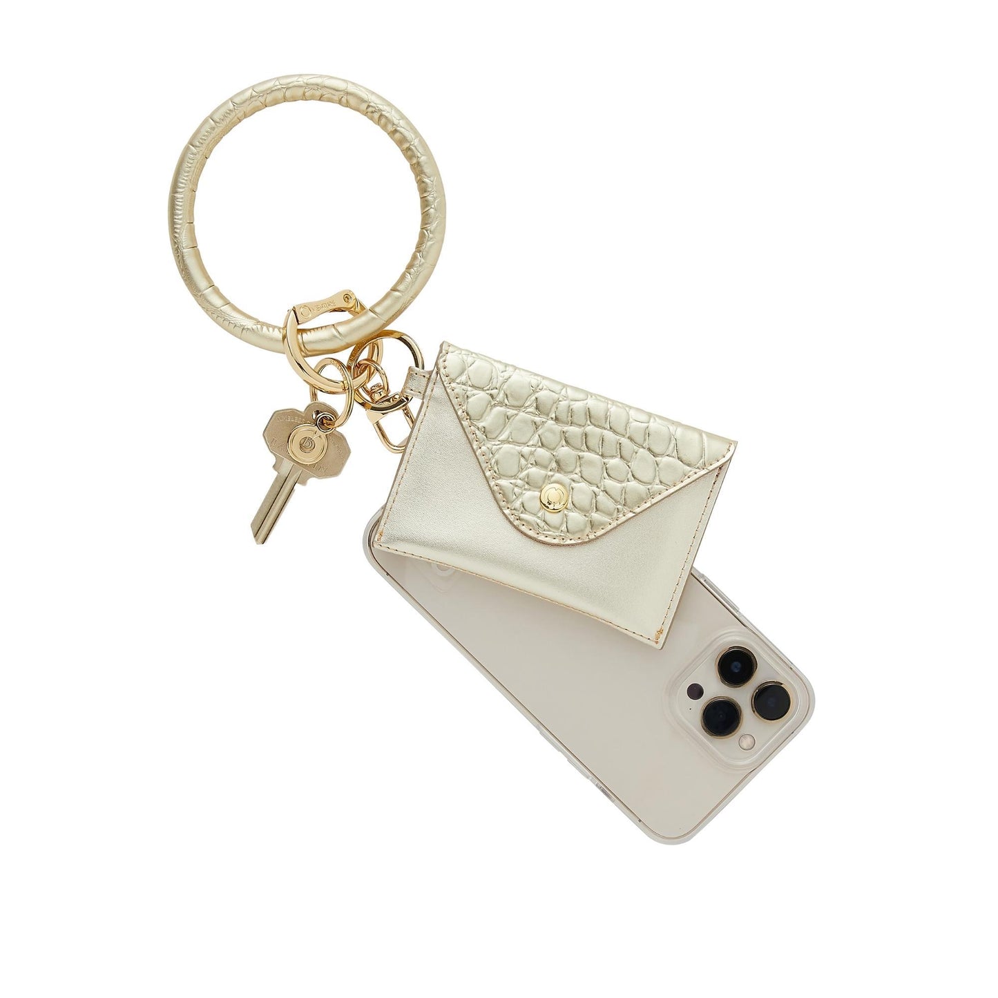Luxe gold wallet wristlet with phone holder shown with bracelet keychain and phone holder.