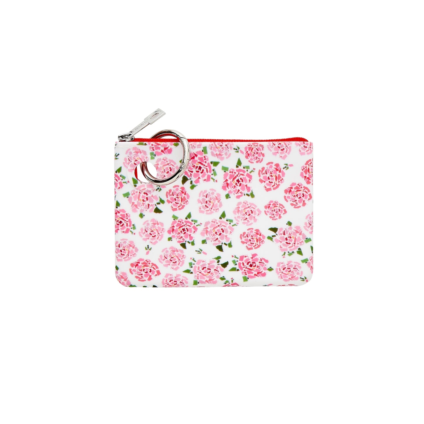 Mini Silicone Pouch in Pink Peony Print on white background.  The peonies are made up of fifty states shapes