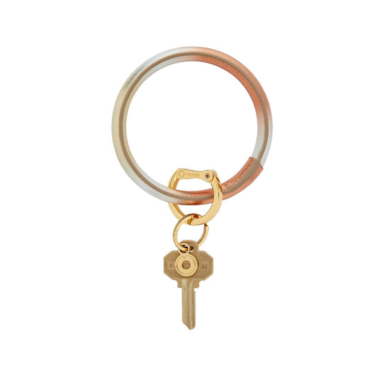 Big O Keyring in leather mixed metal ombre with trim side showing