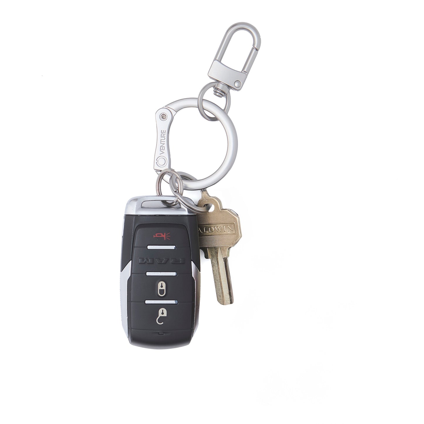 Brushed silver men's keyring for style and function.