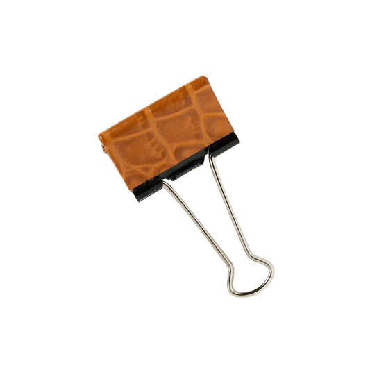 A cognac croc-embossed leather money clip with a strong metal binder clip base.