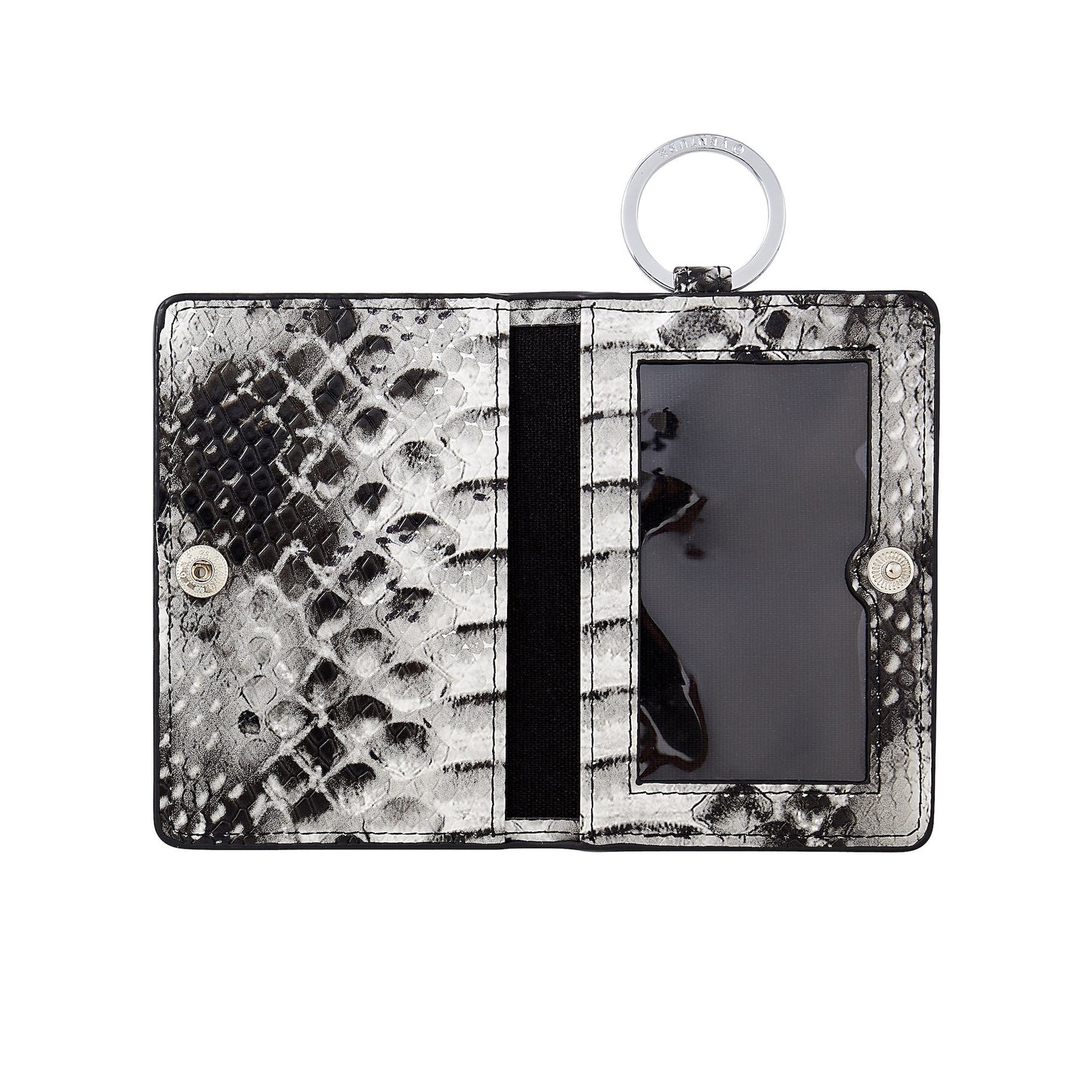 Sleek black & white leather keychain wallet for cards & cash shown with bifold open.