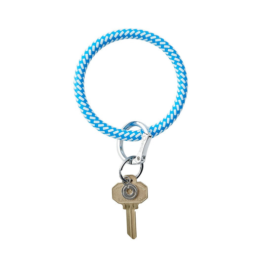 Blue and white braided leather big o key ring with silver locking clasp