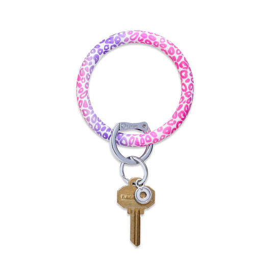 Shades of pink and purple cheetah print silicone big O key ring with silver locking clasp