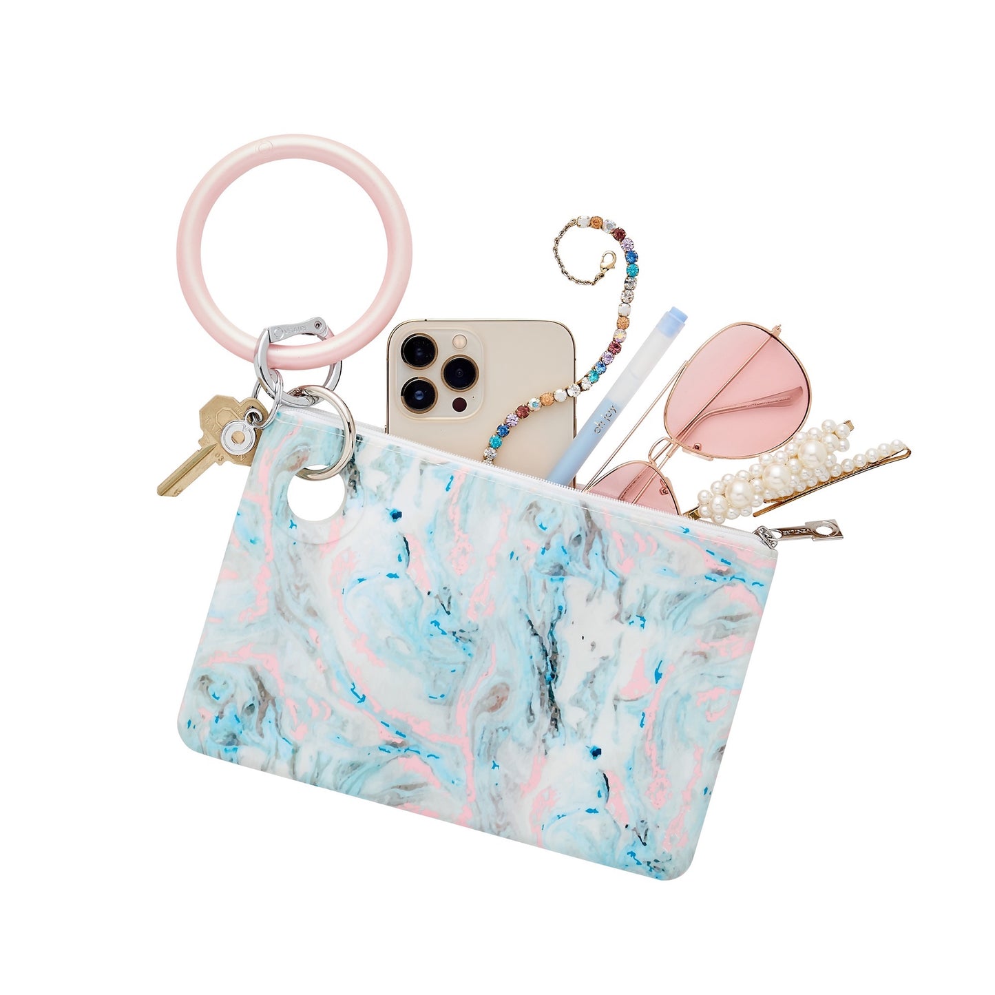 Pastel marble silicone large pouch for stylish storage shown attached to bracelet keychain.