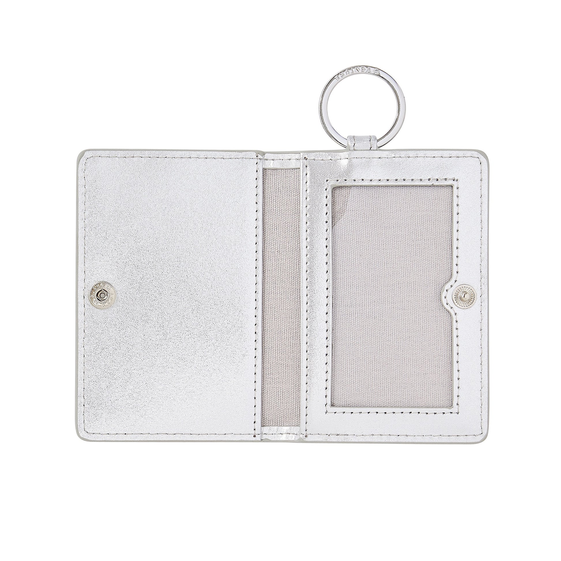 Silver leather bifold Keychain Wallet with compartments shown open.