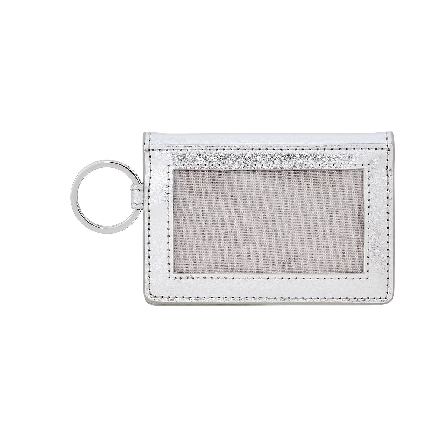 Stylish silver leather bifold keychain wallet with compartments shown backside.