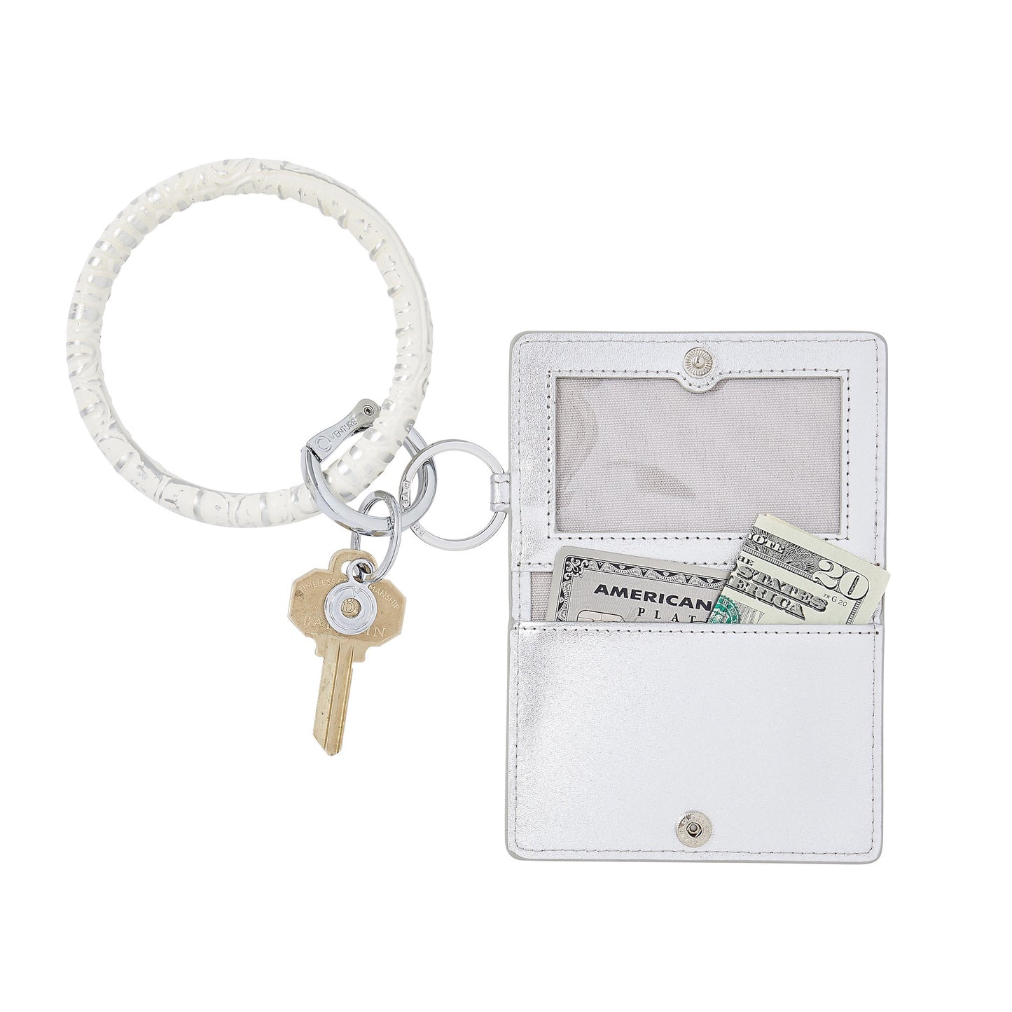 Silver leather bifold Keychain Wallet with multiple compartments attached to key ring bracelet to make a wallet wristlet.