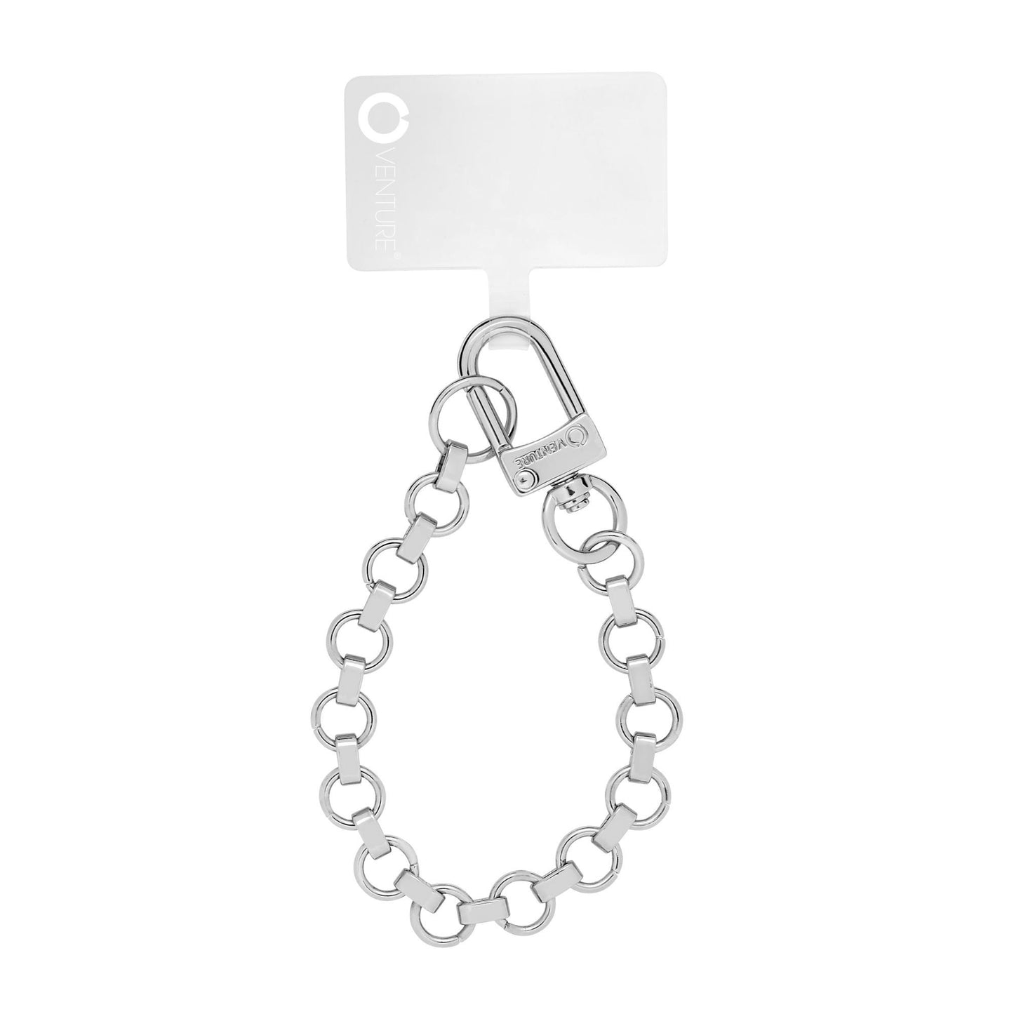 Silver stylish chain phone charm for handsfree carrying.