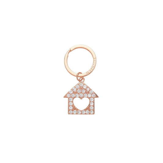 Rose gold home is where the heart is key ring. Bejeweled home with a heart cutout center. Can stand alone or be attached to a Big O Key Ring as a charm.