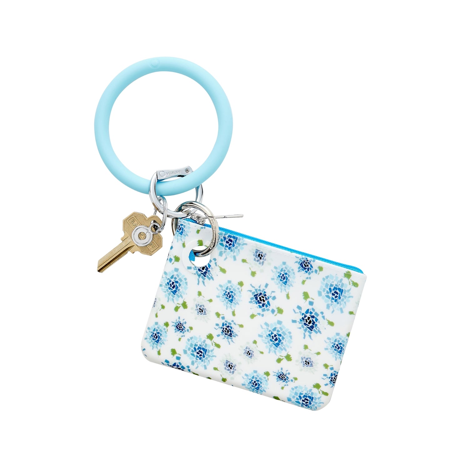 Blue floral silicone mini pouch for cards and cash shown with key ring bracelet.