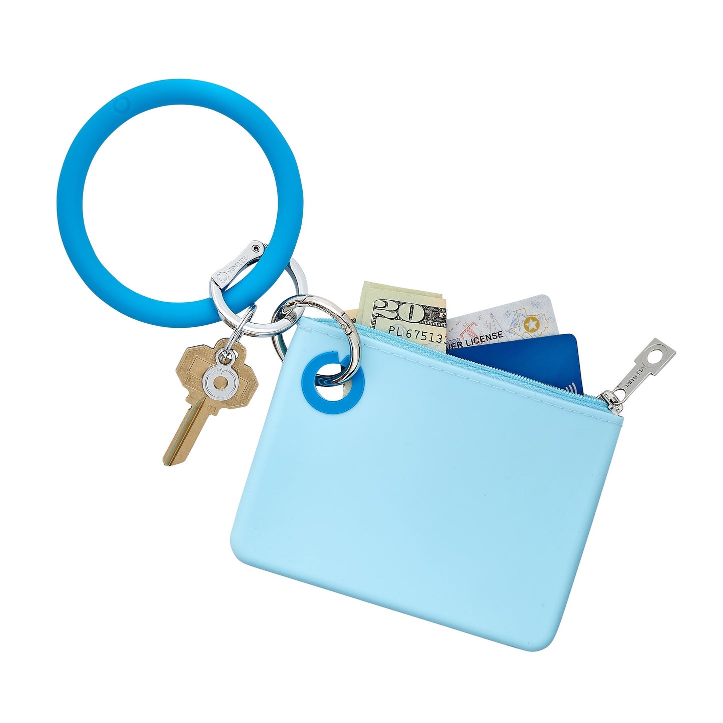 Stylish light blue silicone mini pouch shown with bracelet keychain in matching blue.