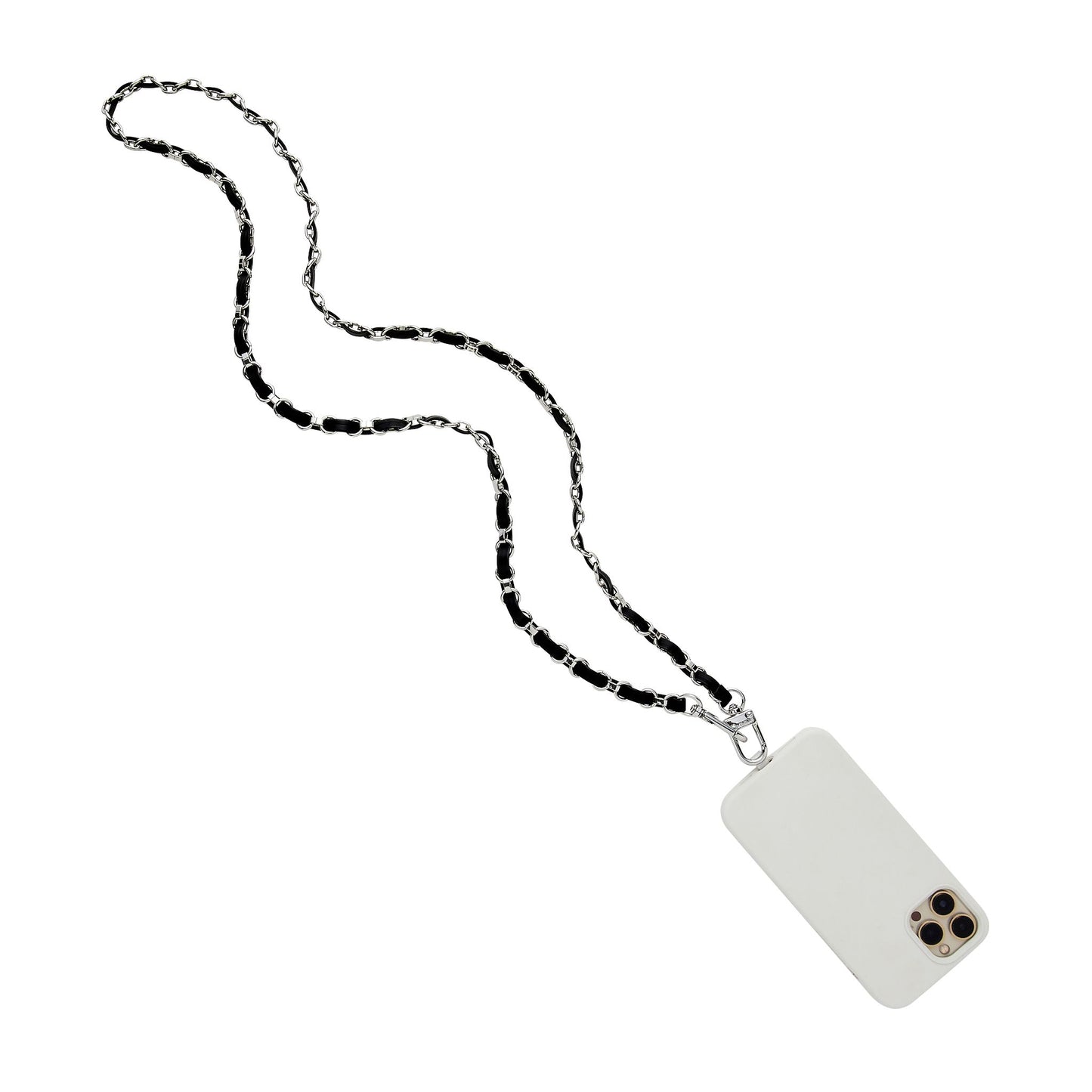 Stylish leather phone crossbody with silver chain strap.