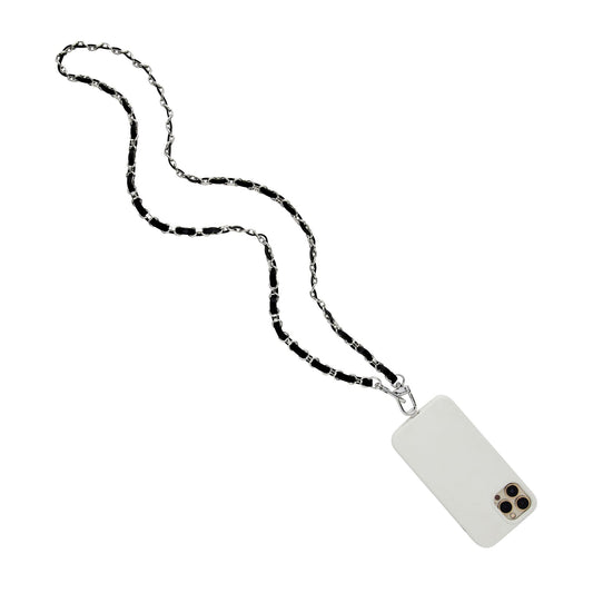 Stylish leather phone crossbody with silver chain strap.