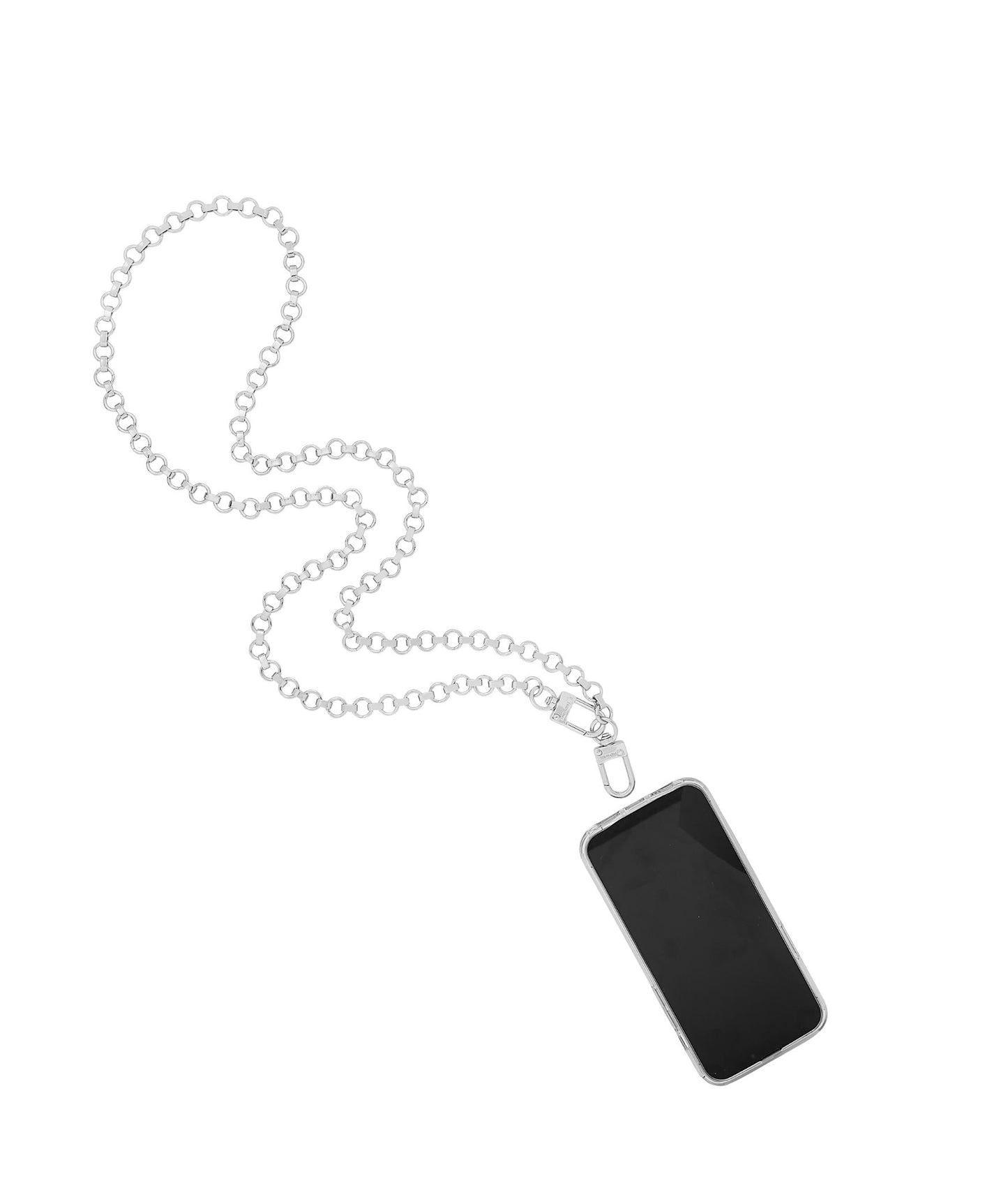 A stylish silver phone crossbody chain accessory.