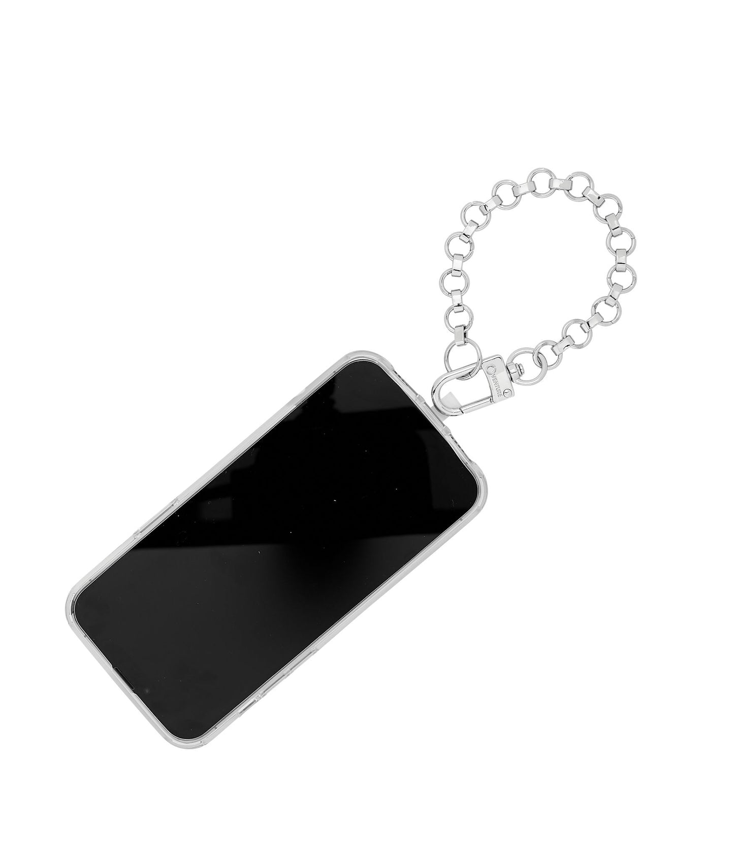 Stylish silver phone charm for handsfree carrying.