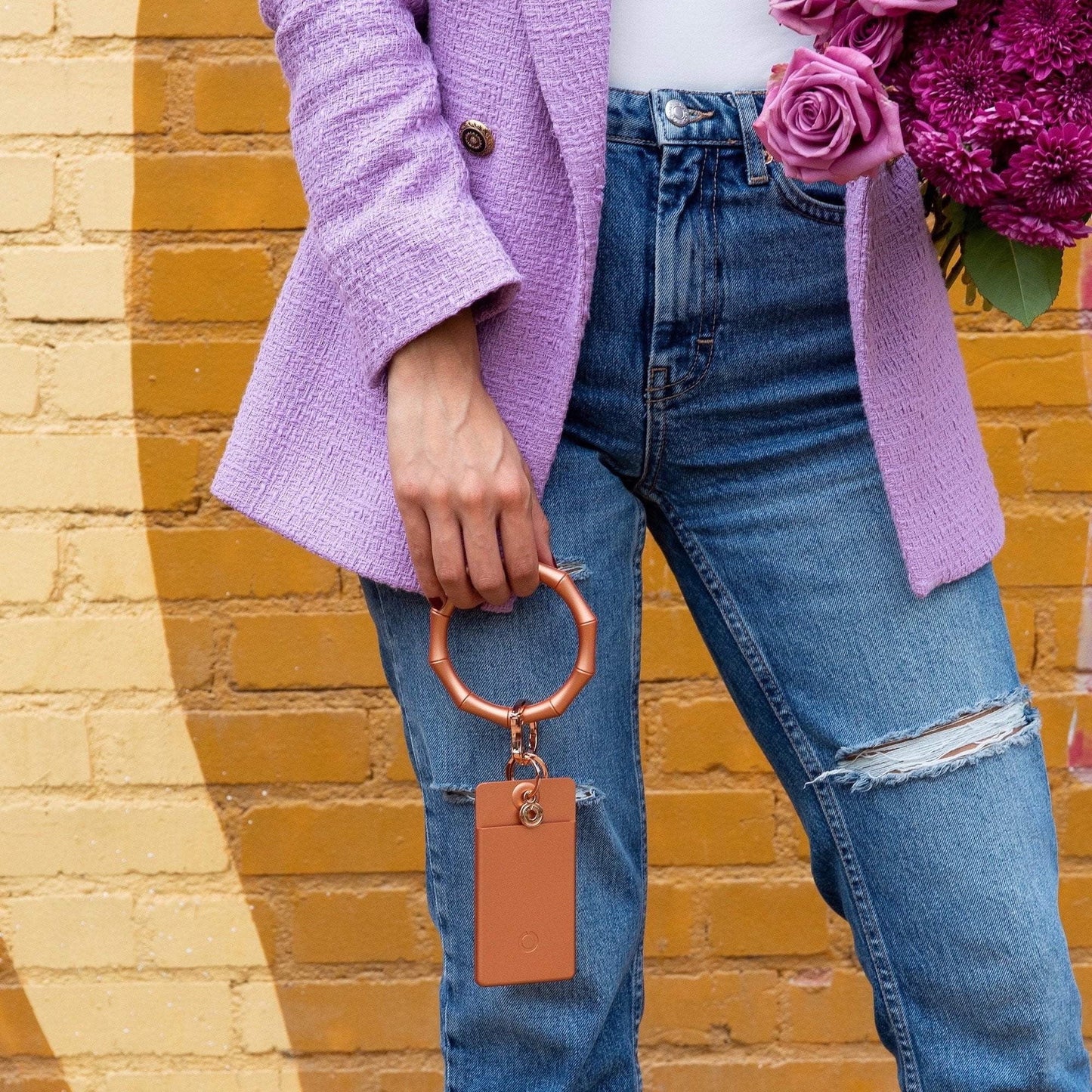 Solid Rose Gold Pearlized- Silicone ID Case - Oventure shown with Big O Key Ring in Rose Gold bamboo