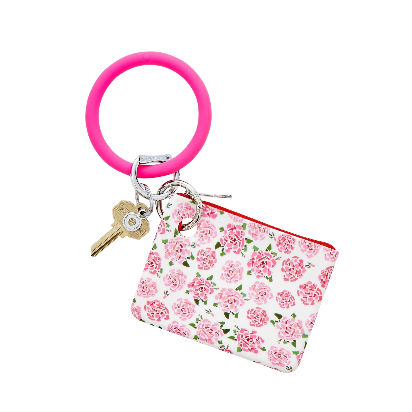 A stylish pink floral silicone Mini Pouch show attached to a pink bracelet keyring.