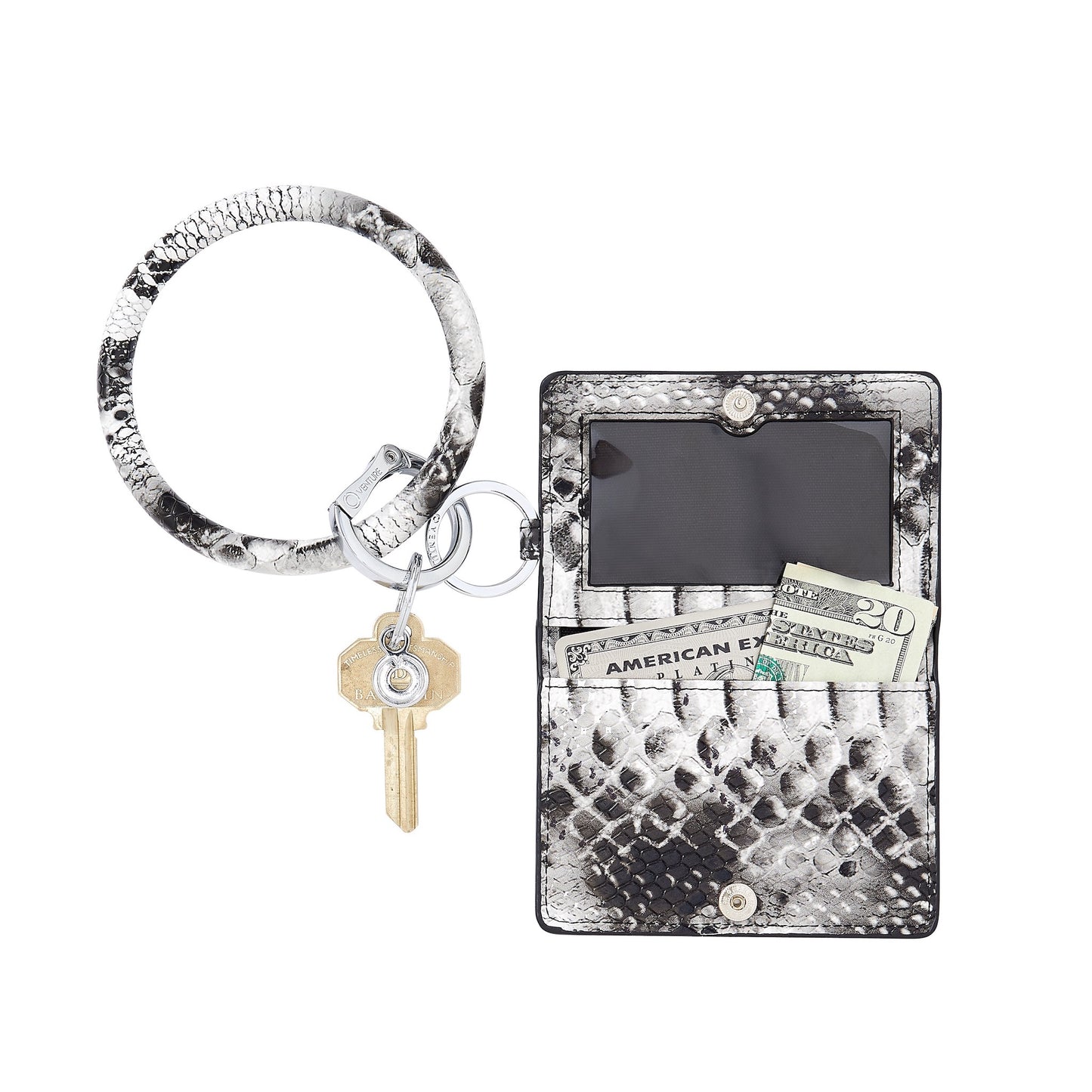 Sleek black and white leather keychain wallet. Shown attached to black and white leather bracelet keychain.