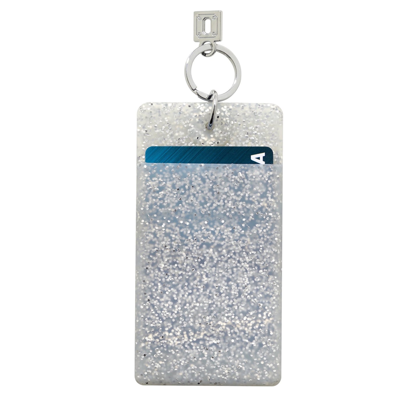 Silicone Quicksilver Confetti ID case. Sheer silver with silver confetti and silver hardware