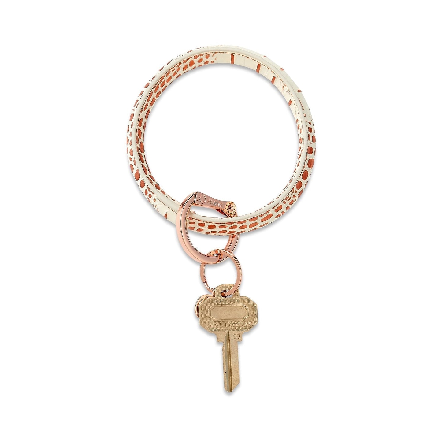 Rose Gold Croc-Embossed - Leather Big O Key Ring - Oventure. It has a white background with rose gold spots