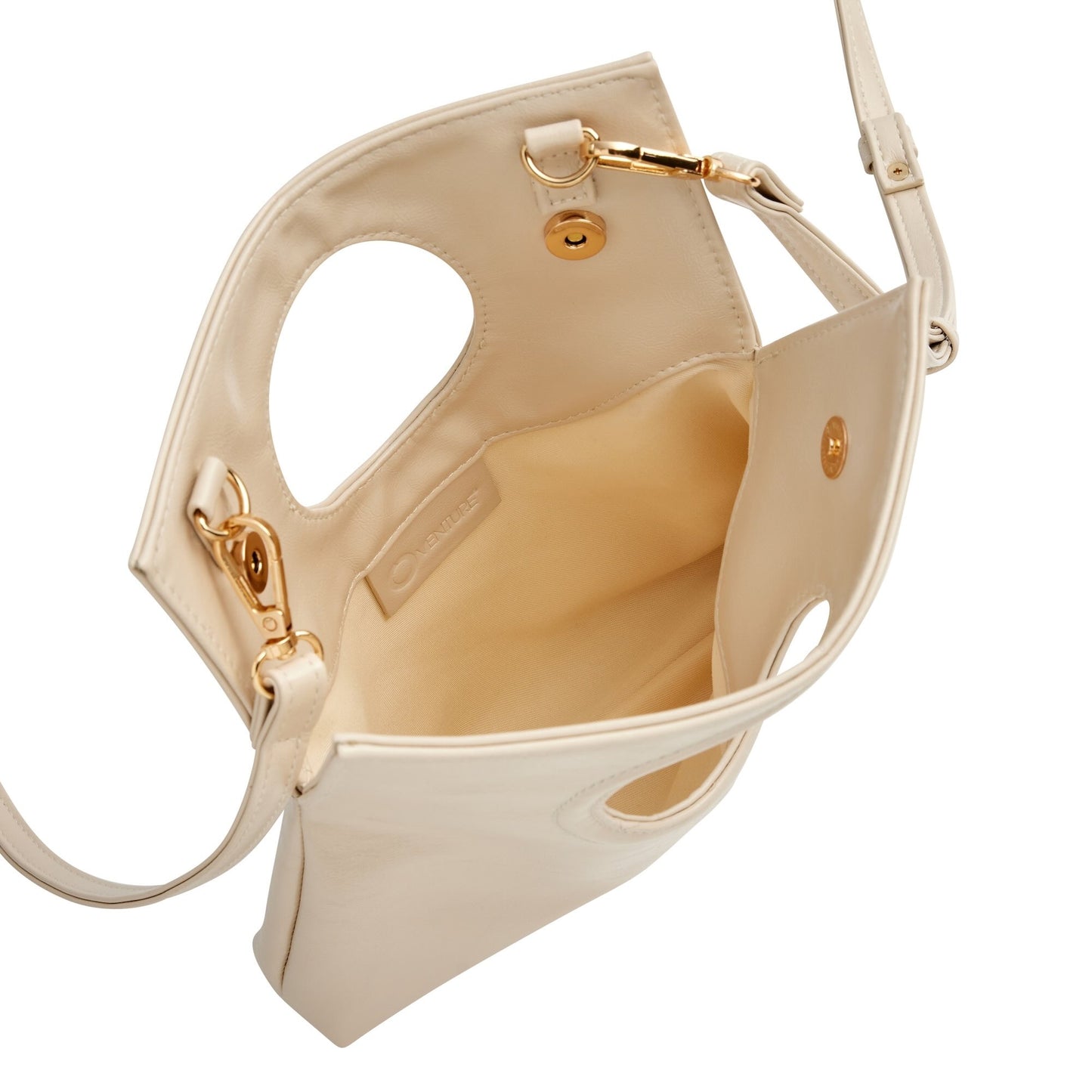 Beige handbag with gold accents on a white background