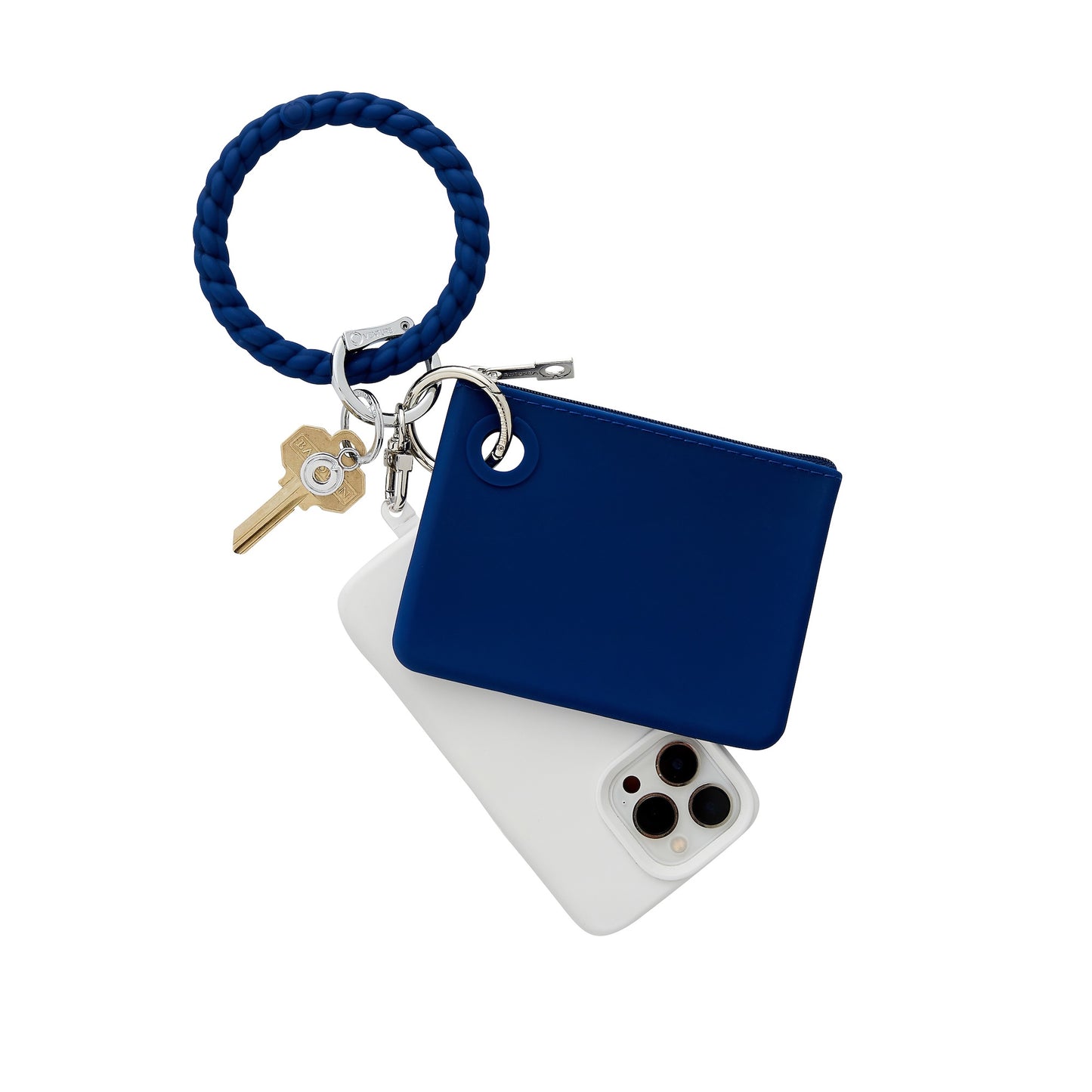 Navy Silicone Mini Pouch for cards and cash shown with bracelet keychain.