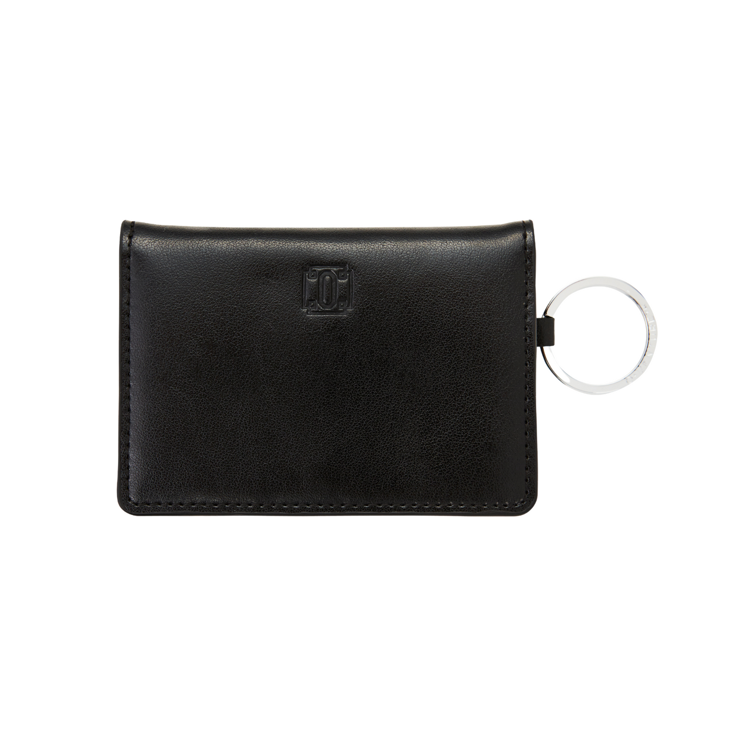 Sleek black leather bifold Keychain Wallet with compartments shown with key attached.